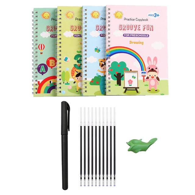 4 Pc Grooved Handwriting Book Practice,Magic Copybook For Kids